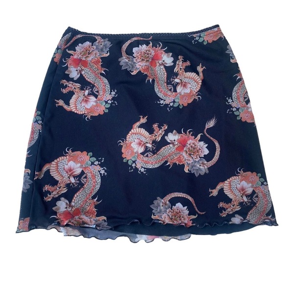 Urban Outfitters Dresses & Skirts - Black Mesh Dragon Mini Skirt 
Dragon Print 
Lace frill
Urban Outfitters Small